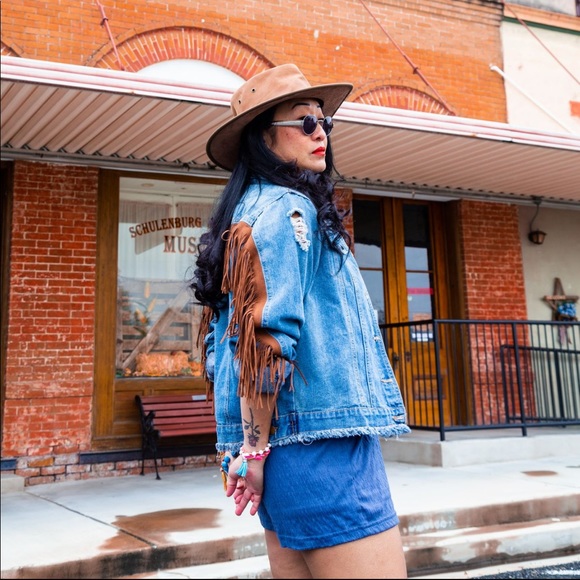 Distressed Denim Jacket with Brown Suede Fringe - Picture 4 of 7